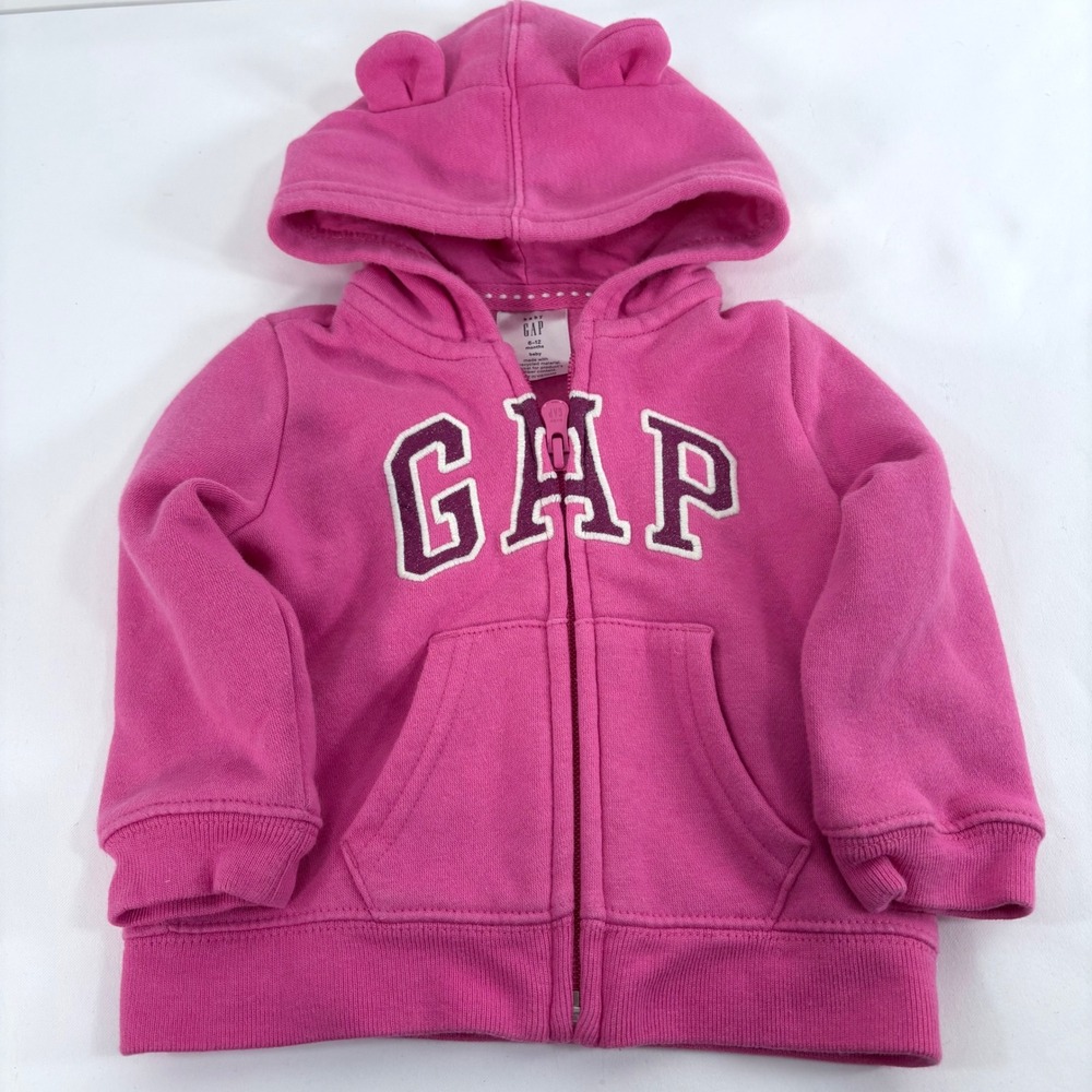 Baby Gap Hoodie Pink Bear Ears Glitter Logo Zip Up Fleece 6-12 Months